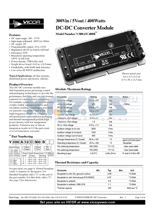 V300A5C400B datasheet - 300Vin / 5Vout / 400Watts DC-DC Converter Module