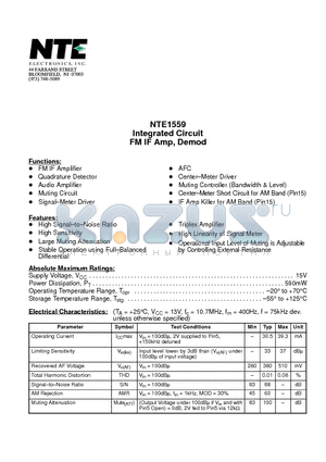 NTE1559 datasheet - Integrated Circuit FM IF Amp, Demod
