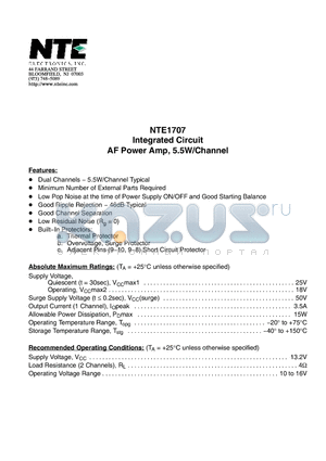 NTE1707 datasheet - Integrated Circuit AF Power Amp, 5.5W/Channel