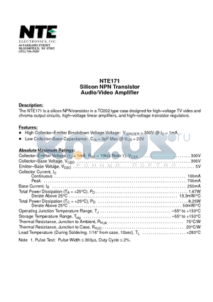 NTE171 datasheet - Silicon NPN Transistor Audio/Video Amplifier