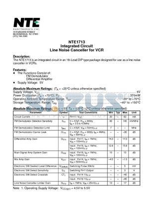 NTE1713 datasheet - Integrated Circuit Line Noise Canceller for VCR