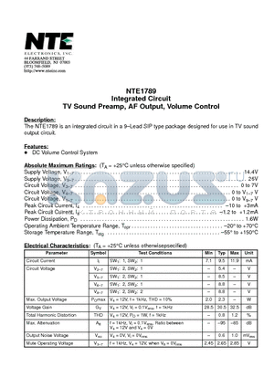 NTE1789 datasheet - Integrated Circuit TV Sound Preamp, AF Output, Volume Control