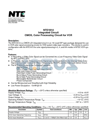 NTE1814 datasheet - Integrated Circuit CMOS, Color Processing Circuit for VCR