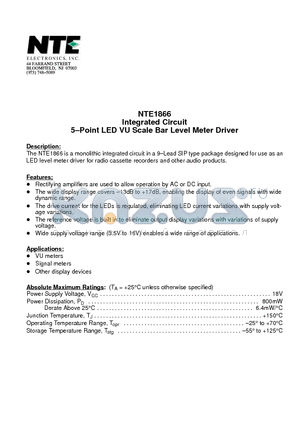 NTE1866 datasheet - Integrated Circuit 5-Point LED VU Scale Bar Level Meter Driver