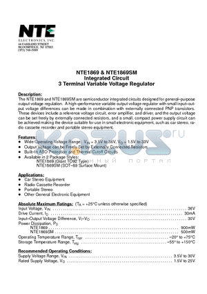 NTE1869 datasheet - Integrated Circuit 3 Terminal Variable Voltage Regulator