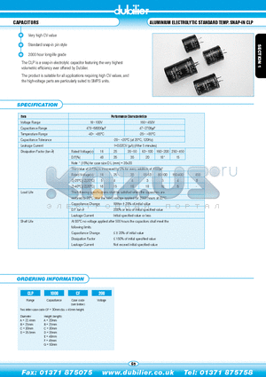 CLP1000AA200 datasheet - ALUMINIUM ELECTROLYTIC STANDARD TEMP. SNAP-IN CLP