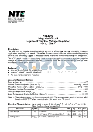 NTE1909 datasheet - Integrated Circuit Negative 3 Terminal Voltage Regulator, -24V, 100mA