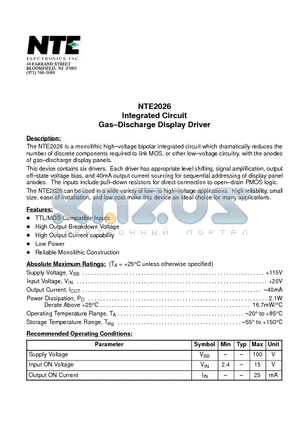 NTE2026 datasheet - Integrated Circuit Gas-Discharge Display Driver