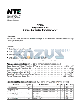 NTE2084 datasheet - Integrated Circuit 5−Stage Darlington Transistor Array