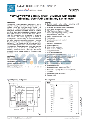 V3025SO28B datasheet - 17Very Low Power 8-Bit 32 kHz RTC Module with Digital Trimming, User RAM and Battery Switch-over