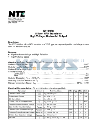 NTE2300 datasheet - Silicon NPN Transistor High Voltage, Horizontal Output