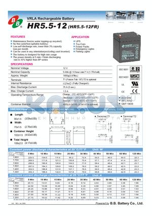 HR5.5-12FR datasheet - VRLA Rechargeable Battery