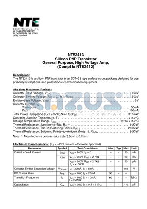 NTE2413 datasheet - Silicon PNP Transistor General Purpose, High Voltage Amp, (Compl to NTE2412)