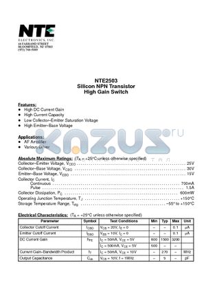 NTE2503 datasheet - Silicon NPN Transistor High Gain Switch