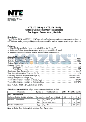 NTE271 datasheet - Silicon Complementary Transistors Darlington Power Amp, Switch