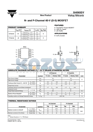 SI4565DY datasheet - N- and P-Channel 40-V (D-S) MOSFET