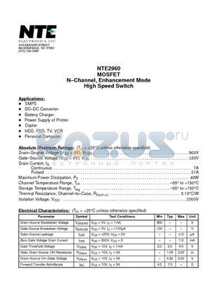 NTE2960 datasheet - MOSFET N-Channel, Enhancement Mode High Speed Switch