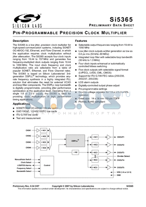 SI5365 datasheet - PIN-PROGRAMMABLE PRECISION CLOCK MULTIPLIER