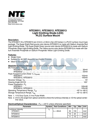 NTE30012 datasheet - Light Emitting Diode (LED) PLCC Surface Mount