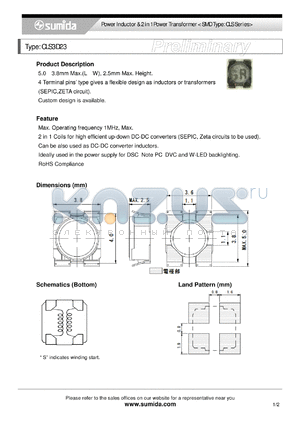 CLS3D23NP-1R0N datasheet - Power Inductor & 2 in 1 Power Transformer