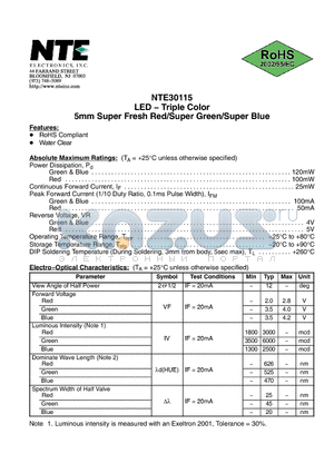 NTE30115 datasheet - LED − Triple Color 5mm Super Fresh Red/Super Green/Super Blue