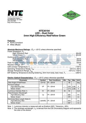 NTE30104 datasheet - LED − Dual Color 5mm High Efficiency Red/Yellow Green