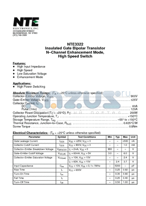 NTE3322 datasheet - Insulated Gate Bipolar Transistor N-Channel Enhancement Mode, High Speed Switch