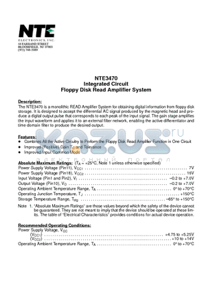 NTE3470 datasheet - Integrated Circuit Floppy Disk Read Amplifier System