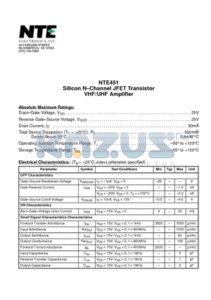 NTE451 datasheet - Silicon N-Channel JFET Transistor VHF/UHF Amplifier