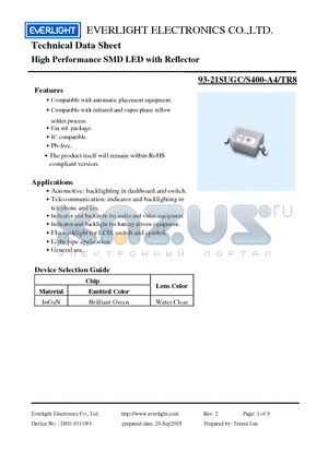 93-21SUGC-S400-A4-TR8 datasheet - High Performance SMD LED with Reflector