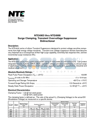 NTE4905 datasheet - Surge Clamping, Transient Overvoltage Suppressor Bidirectional