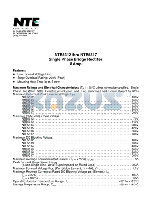 NTE5317 datasheet - Single Phase Bridge Rectifier 8 Amp