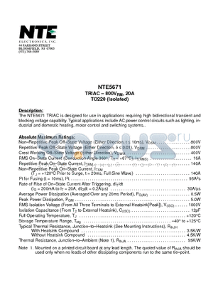 NTE5671 datasheet - TRIAC  800VRM, 20A TO220 (Isolated)