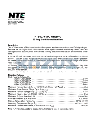 NTE6077 datasheet - 85 Amp Stud Mount Rectifiers