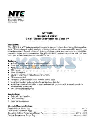 NTE7018 datasheet - Integrated Circuit Small-Signal Subsystem for Color TV