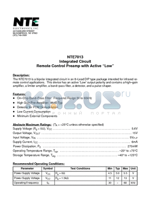 NTE7013 datasheet - Integrated Circuit Remote Control Preamp with Active Low