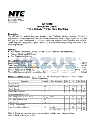 NTE7048 datasheet - Integrated Circuit NTSC Decoder w/Fast RGB Blanking