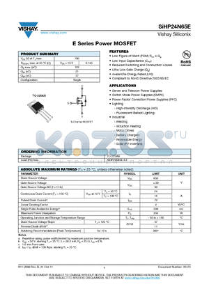 SIHP24N65E datasheet - E Series Power MOSFET