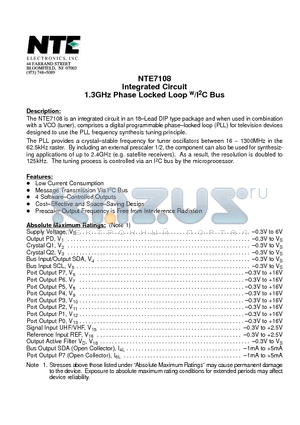 NTE7108 datasheet - Integrated Circuit 1.3GHz Phase Locked Loop w/I2C Bus