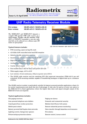SILRX-433-5 datasheet - UHF Radio Telemetry Receiver Module