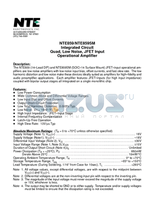 NTE859 datasheet - Integrated Circuit Quad, Low Noise, JFET Input Operational Amplifier