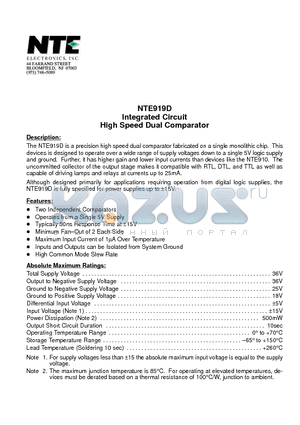 NTE919D datasheet - Integrated Circuit High Speed Dual Comparator