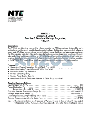 NTE933 datasheet - Integrated Circuit Positive 3 Terminal Voltage Regulator, 12V, 5A