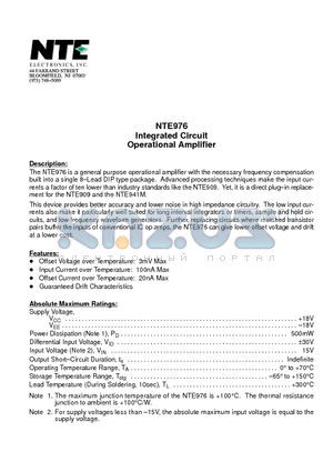 NTE976 datasheet - Integrated Circuit Operational Amplifier