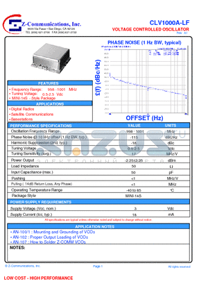 CLV1000A-LF datasheet - VOLTAGE CONTROLLED OSCILLATOR