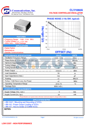 CLV1080A datasheet - VOLTAGE CONTROLLED OSCILLATOR