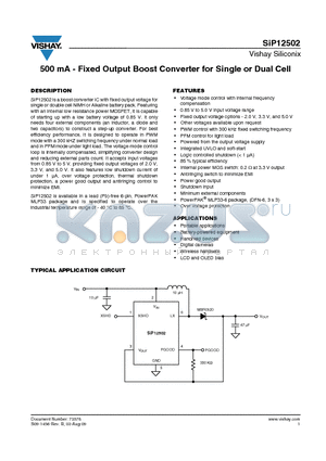SIP12502DMP-33-E3 datasheet - 500 mA - Fixed Output Boost Converter for Single or Dual Cell