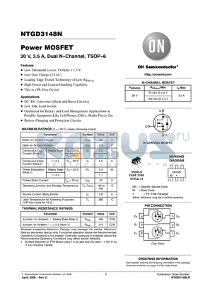 NTGD3148N datasheet - Power MOSFET 20 V, 3.5 A, Dual N-Channel, TSOP-6
