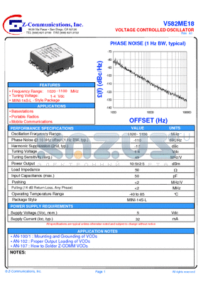V582ME18 datasheet - LOW COST - HIGH PERFORMANCE VOLTAGE CONTROLLED OSCILLATOR