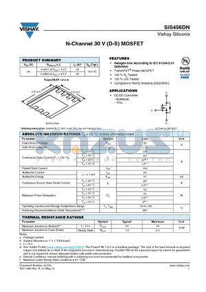 SIS456DN-T1-GE3 datasheet - N-Channel 30 V (D-S) MOSFET